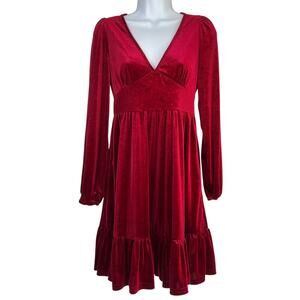 Halara Womens Ruffled Hem Velvet Mini Chill Dress Sangria‎ Red Size Small Witchy